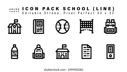 Icon Set of School Line Icons. Contains such Icons as Backpack, Water Bottle, School Bag, School etc. Editable Stroke. 32 x 32 Pixel Perfect