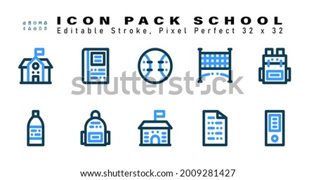 Icon Set of School Two Color Icons. Contains such Icons as Backpack, Water Bottle, School Bag, School etc. Editable Stroke. 32 x 32 Pixel Perfect