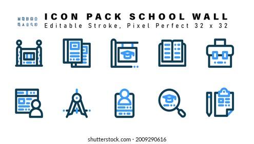 Icon Set of School Wall  Two Color Icons. Contains such Icons as Briefcase, Online Class, Divider, Mobile Video Chat etc. Editable Stroke. 32 x 32 Pixel Perfect
