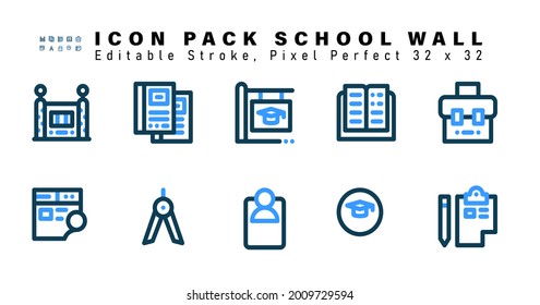 Icon Set of School Wall  Two Color Icons. Contains such Icons as Briefcase, Online Class, Divider, Mobile Video Chat etc. Editable Stroke. 32 x 32 Pixel Perfect
