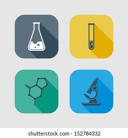 icon set of science signs. flat design with long shadows