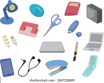 
Icon set, scissors, keyboard, PC, smartphone, stapler, cutter, mobile phone, USB, etc.