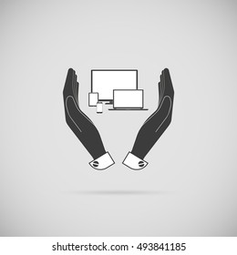 icon. A set of screens and monitors in his hands with shadow on white background . stylish vector illustration