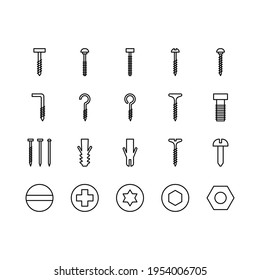 Juego de iconos de tornillo y uñas, tuercas, tornillos, remaches y uñas para el fijación y fijación. Variedad de talleres. Iconos vectores para diseño web aislados en fondo blanco. Trazo editable.