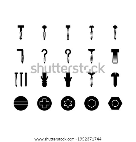Icon set of screw and nails, nuts, bolts, rivets and nails for fastening and fixing. Workshop assortment. Vector icons for web design isolated on white background.