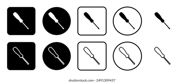 Icon set of screwdriver symbol. Filled, outline, black and white icons set, flat style.  Vector illustration on white background