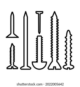 Symbolsatz aus Schrauben und Nägeln. Teile für die Befestigung zusammen. Bau- und Reparaturwerkzeuge. Vektorgrafik einzeln auf weißem Hintergrund für Design und Web.