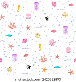 icon set sea animals seamless pattern. fish, jellyfish, sea star, starfish, seahorse, coral reef, conch, shell, pearl, batfish, bubble. underwater marine life background. good for fabric, wallpaper