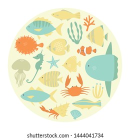 icon set of sea creatures and fish