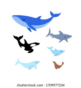 Icon set of sea creatures - whale, killer whale, shark, dolphin, sea lion. Flat design illustration in cartoon style.