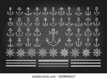 Icon set of sea theme on a blackbord background- anchors, ropes and sea wheels. Vector illustration