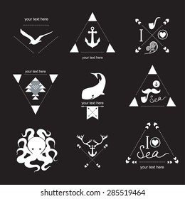 Icon set: sea, whale, mustache, stag