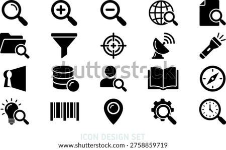Icon set of search and analysis solid symbols. Research elements including magnifying glass, filter, target, database, profile and barcode scanner icons. Glyph vector design.