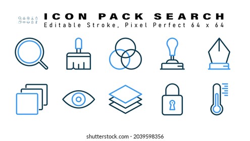 Icon Set of Search Two Color Icons. Contains such Icons as Pen Tool, Blend Mode, Eye, Layer etc. Editable Stroke. 64 x 64 Pixel Perfect