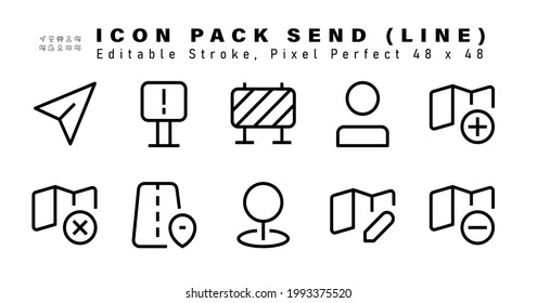 Conjunto de iconos de envío de iconos de línea. Contiene iconos como Agregar ubicación, Borrar ubicación, Hoja de ruta, Puntero, etc., que se pueden editar. 48x48 Perfecto para píxeles