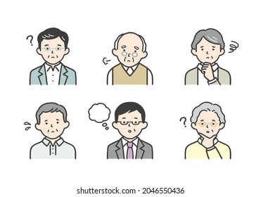 Icon set of a senior man with a troubled face.