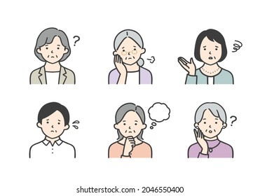 Icon set of a senior woman with a troubled face