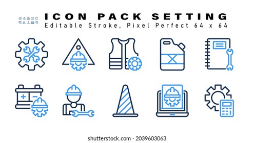 Icon Set of Setting Two Color Icons. Contains such Icons as Notebook, Battery, Avatar, Traffic Cone etc. Editable Stroke. 64 x 64 Pixel Perfect