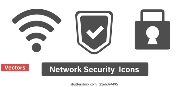 Juego de iconos de protección y candado con Wi-Fi y marca de verificación. Vector.