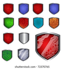 icon set of shields with circuit board draw for web design. vector. mesh. EPS10