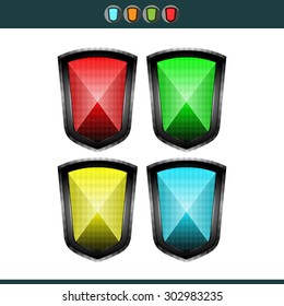 Icon set: shields with red, yellow, blue and green crystals. Vector illustration (EPS 10)