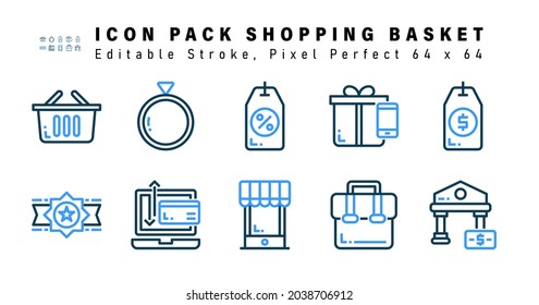 Icon Set of Shopping Basket Two Color Icons. Contains such Icons as Price Tag, Badge, Credit Card Payment, Online Shop etc. Editable Stroke. 64 x 64 Pixel Perfect