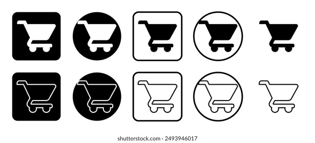 Icon set of shopping cart symbol. Filled, outline, black and white icons set, flat style.  Vector illustration on white background