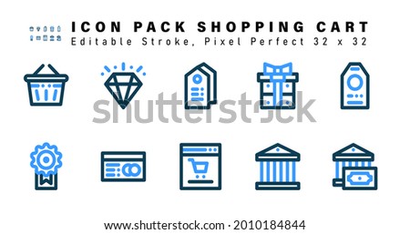Icon Set of Shopping Cart Two Color Icons. Contains such Icons as Price Tag, Badge, Credit Card, Online Shop etc. Editable Stroke. 32 x 32 Pixel Perfect