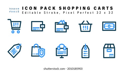 Icon Set of Shopping Carts Two Color Icons. Contains such Icons as Money, Label Tag, Online, Online Music etc. Editable Stroke. 32 x 32 Pixel Perfect