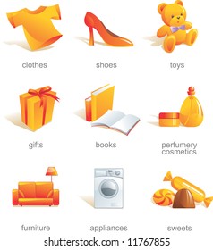 Icon set - shopping, clothes, shoes, toys, gifts, presents, books, stationery, perfumery, cosmetics, furniture, appliances, sweets. Aqua style. Vector illustration