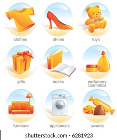 Icon set - shopping, clothes, shoes, toys, gifts, presents, books, stationery, perfumery, cosmetics, furniture, appliances, sweets. Aqua style. Vector illustration. See the similar set - image 3237924