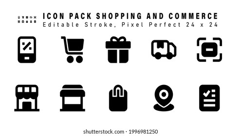 Icon Set of Shopping And Commerce Glyph Icons. Contains such Icons as Barcode, Store,  Ecommerce, Bag etc. Editable Stroke. 24 x 24 Pixel Perfect
