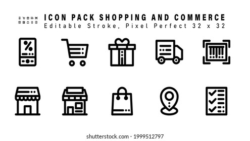 Icon Set of Shopping And Commerce Line Icons. Contains such Icons as Barcode, Store, Ecommerce, Bag etc. Editable Stroke. 32 x 32 Pixel Perfect