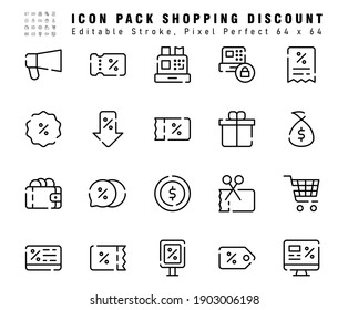 Icon Set Of Shopping Discount Vector Line Icons. Contains Such Icons As Cut, Chat, Coupon Discount Etc. Editable Stroke. 64x64 Pixel Perfect