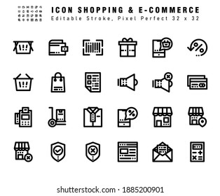 Icon Set of Shopping and E- Commerce Vector Line Icons. Contains such Icons as Basket, Wallet, Shopping bag, Store etc. Editable Stroke. 32x32 Pixel Perfect