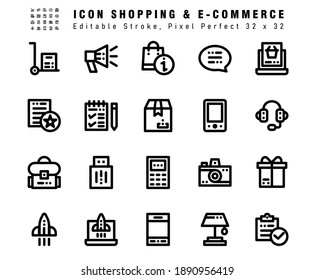 Icon Set of Shopping and E Commerce Vector Line Icons. Contains such Icons as Delivery Box, Promotion, Handphone, Gift etc. Editable Stroke. 32x32 Pixel Perfect