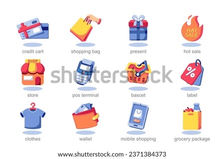 Icon set shopping in flat cartoon design. Featuring colorful shopping carts, and enticing storefronts, these illustrations are tailored for advertisements, flyers, or banners. Vector illustration.