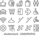 Icon set of shopping mall symbols food court stairs parking wifi payment elevator wc toilet. Thin line icons flat vector illustrations isolated on white and transparent background	
