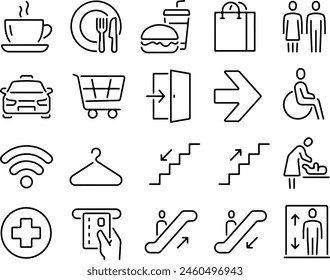 Icon set of shopping mall symbols food court stairs parking wifi payment elevator wc toilet. Thin line icons flat vector illustrations isolated on white and transparent background	
