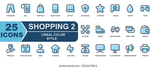 icon set of shopping materials.style lineal color.contains scales,wide monitor,flat monitor,electronics,announcement,marketing,printer,protection,star,favorite,rating,chat.
