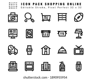 Icon Set of Shopping Online Vector Line Icons. Contains such Icons as Online shop, cart, home, Delivery Time etc. Editable Stroke. 32x32 Pixel Perfect
