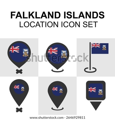 Icon set showcasing the Falkland Islands flag in various pin and map marker styles, ideal for travel, location, or geopolitical design themes.