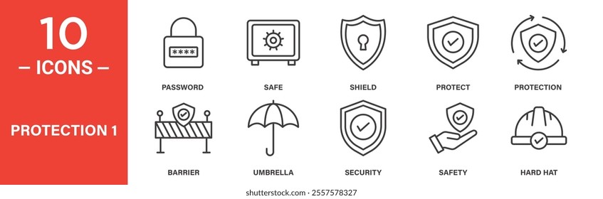 Icon set showcasing protection concepts like password security, safes, shields, barriers, umbrellas, safety measures, and protective equipment like hard hats.