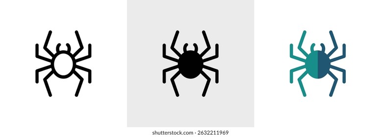 An icon set showcasing spider, arachnid species, rendered in three designs outline, solid fill, gradient fill. Isolated on a white background.