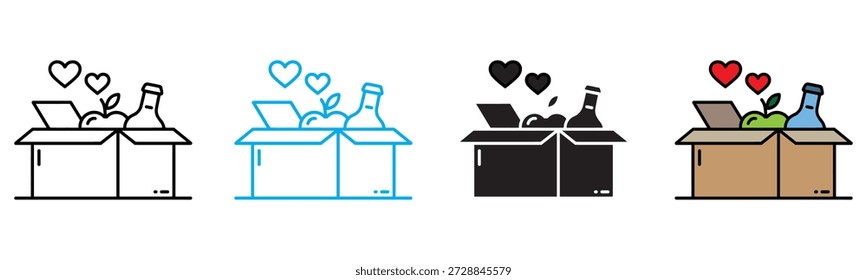 An icon set showing a care package with food, drink, and hearts, symbolizing donation or gift