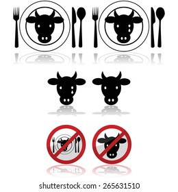 Icon set showing a cattle head combined with a plate and signs to represent beef