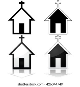 Icon set showing a church, represented in four different ways