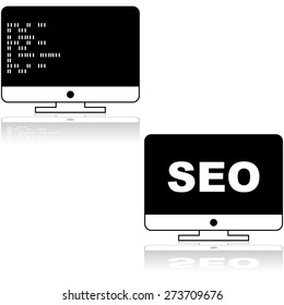 Icon set showing  a computer screen with random icons and the acronym SEO for Search Engine Optimization