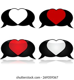 Icon set showing a couple of speech bubbles intersecting to form a heart