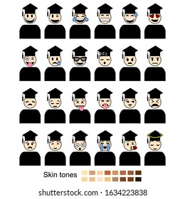 Icon set showing different facial expressions and emotions shown by students graduating. Includes different skin tones for easy customization.